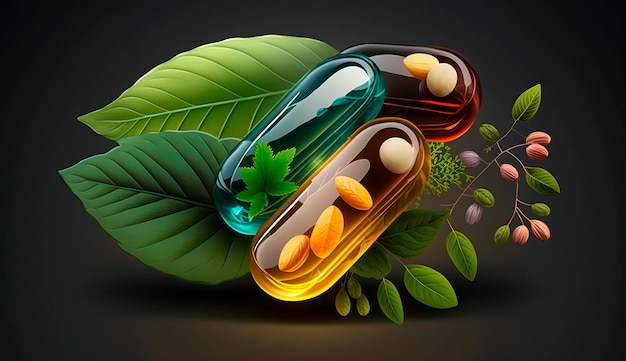 Capsule supplements homeopathy vegetables fruits and leaves Generative Ai