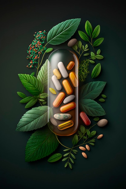 Capsule supplements homeopathy vegetables fruits and leaves Generative Ai