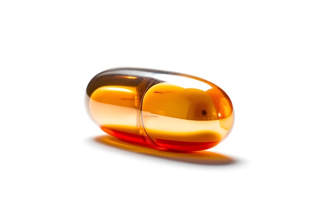 A capsule that is orange and yellow is on a white background