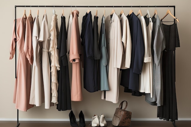 Capsule wardrobe filled with mix of tailored feminine dresses and pants created with generative ai