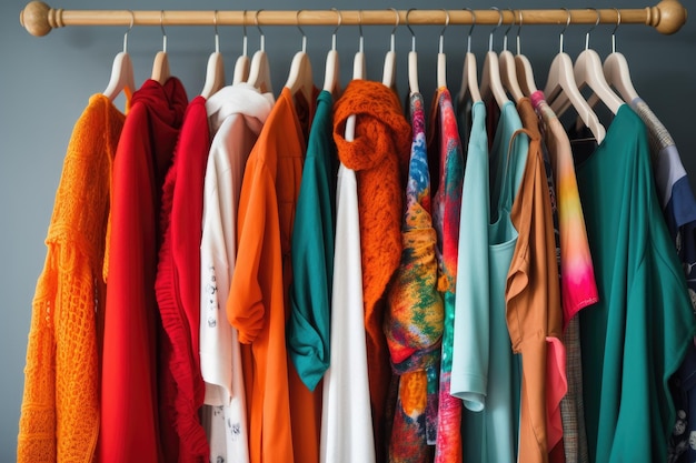 Capsule wardrobe full of vibrant and colorful clothing created with generative ai