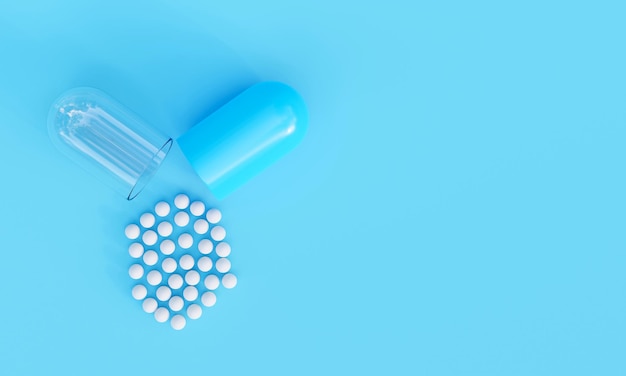 Capsule with granules background with copy space, can be used as medical mockup, template. 3D Render