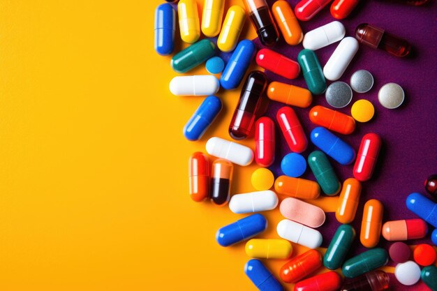 Capsules of adhd vitamins scattered over a colorful surface