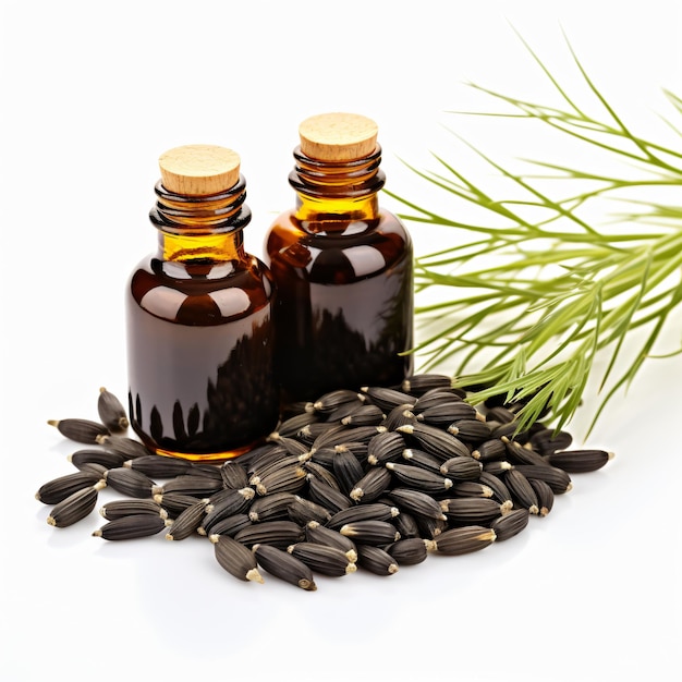 Capsules black cumin oil with cumin seeds in close up