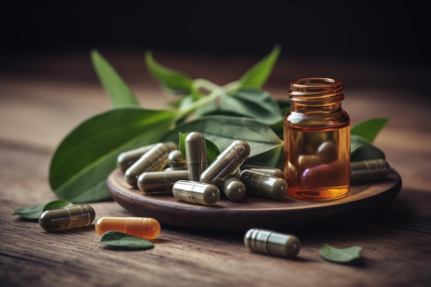 Capsules and capsules on a plate with leaves on the table