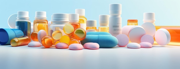 Capsules en tabletten zijn verspreid over het oppervlak pillen in een plastic pot