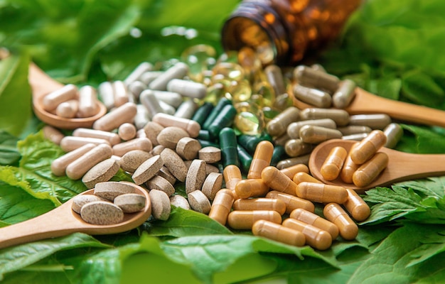 Capsules herb supplements on green leaves background Selective focus