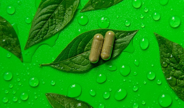 Capsules kruidensupplementen op groene bladeren achtergrond Selectieve focus