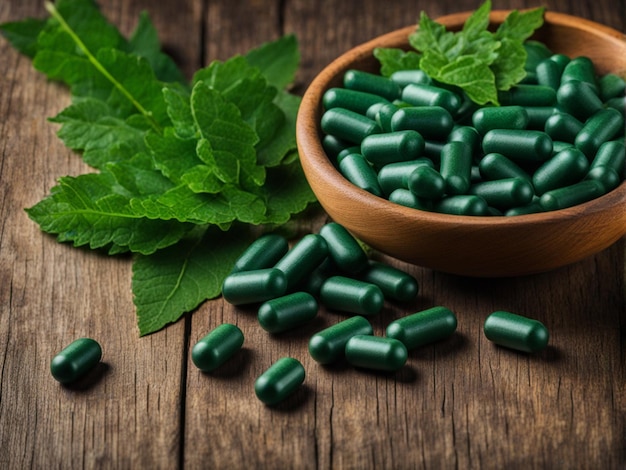 Capsules met groene bladeren op houten tafel Natuurlijke achtergrond Spirulina-capsules Kopieerruimte