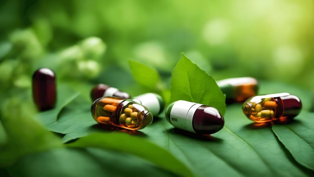 Foto capsules van kruidensupplementen op groene bladerenachtergrond