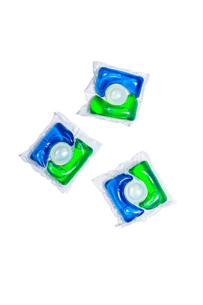 capsules with detergent for washing machine isolated on white background laundry pods