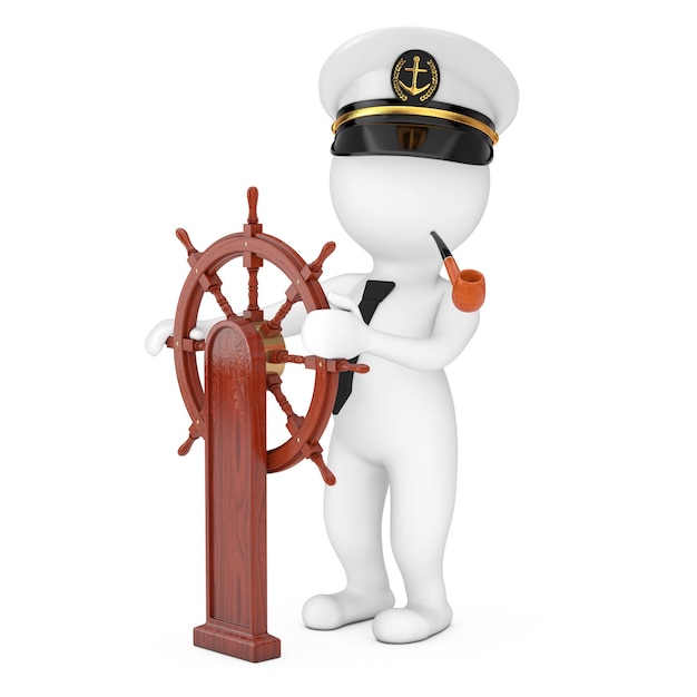 Фото Капитан мультипликационный персонаж в флоте корабля капитан шляпа с курительным pipenear старинный деревянный руль корабля с подставкой на белом фоне. 3d рендеринг