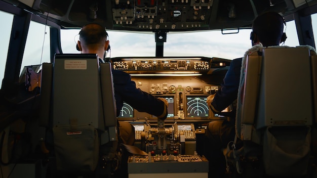 Captain and copilot throttling engine handle to fly airplane,\
taking off with international airline plane. using control panel\
command on dashboard and switching navigation in cockpit. handheld\
shot.