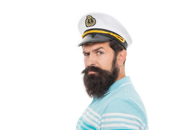 Photo captain in hat isolated on white captain in hat at studio captain in hat on background