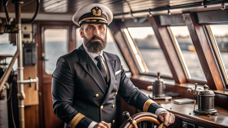 Photo the captain of the ship in a suit an experienced sailor at the helm