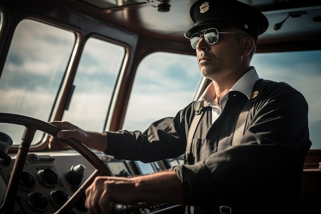 the captain of the yacht in a cap