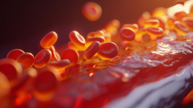 A captivating 3D illustration depicting a closeup view of erythrocytes red blood cells flowing inside a blood vessel The warm tones and dynamic movement convey a lifelike representation