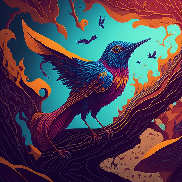 Captivating 3D illustration featuring a colorful bird perched gracefully