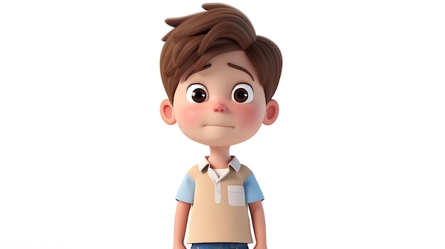 A captivating 3D rendered cartoon character of a cute boy exuding a vibrant and lively personality isolated on a pristine white background Perfect for adding a touch of charm and playfuln