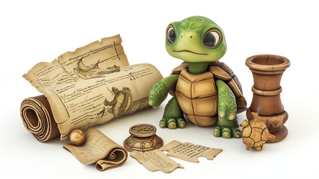 Увлекательная 3D-рендеринг очаровательной черепахи, превращенной в древнего историка Это милое маленькое существо окружено тщательно изготовленными свитками и древними артефактами, готовыми к использованию.
