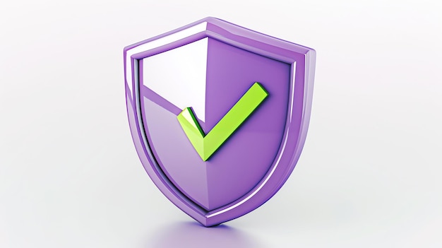 A captivating 3Drendered icon featuring a vibrant purple shield adorned with a striking green checkmark standing prominently against a pure white backdrop Perfect for illustrating securit