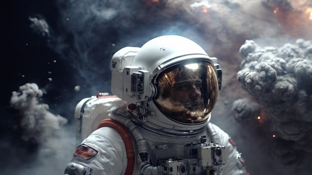 Captivating 4K scene of a courageous astronaut in a space suit with white realistic smoke