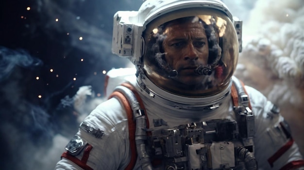 Captivating 4K scene of a courageous astronaut in a space suit with white realistic smoke