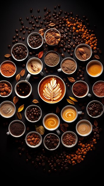 Photo a captivating aerial display showcasing various coffee delights