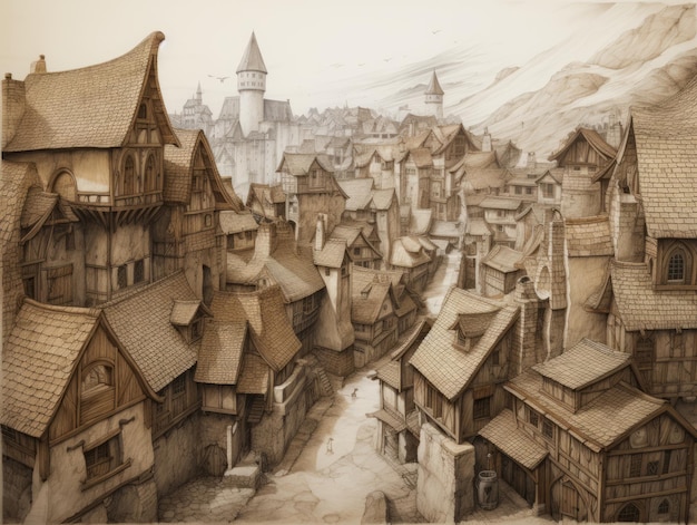 A Captivating Aerial Glimpse of a Medieval Village Masterfully Rendered in Pencil on Manilla Paper