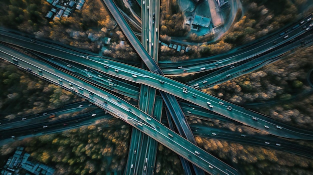 現代の交通機関の絶え間ない流れとパターンを際立たせる交通量の多い高速道路の魅力的な航空写真