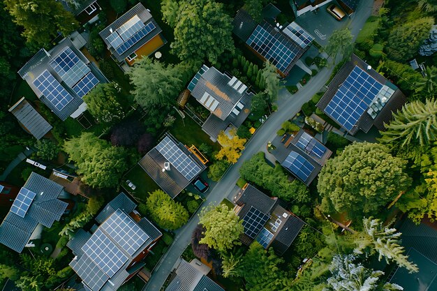 A captivating aerial view capturing the charm of solarpowered houses nestled amidst natural surround