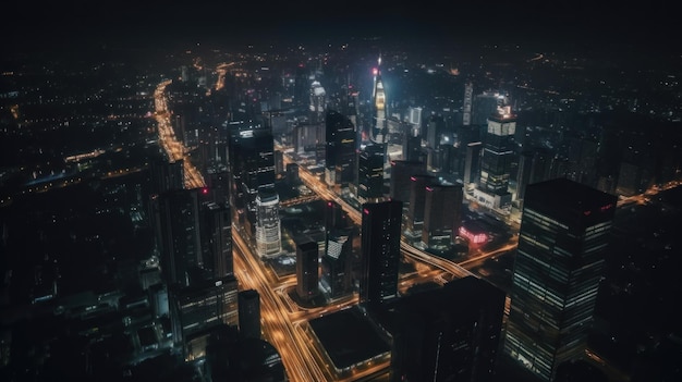 Захватывающий вид с высоты птичьего полета на яркий городской пейзаж ночью с завораживающим эффектом размытия движения Мерцающие огни шумных улиц и наэлектризованная атмосфера ночной жизни, созданная искусственным интеллектом
