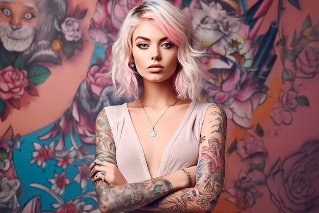 Photo captivating allure of a model woman adorned with a stunning array of tattoos ai generated