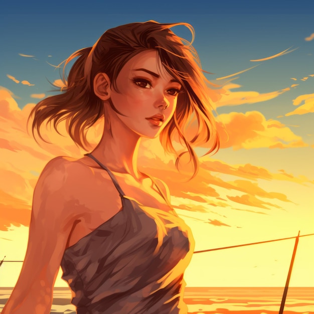 日没時に海岸を歩く魅力的なアニメのキャラクター