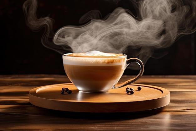 Captivating Aromas AIGenerated Steam Rises from Fresh Cappuccino on a Wooden Table