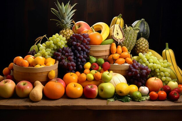 A captivating arrangement of fresh fruits and vegetables on a rustic textured background