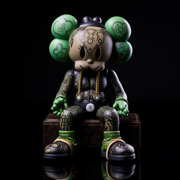 Photo the captivating artistry kaws seated tattoo machine in hand amidst green palette on a black canva