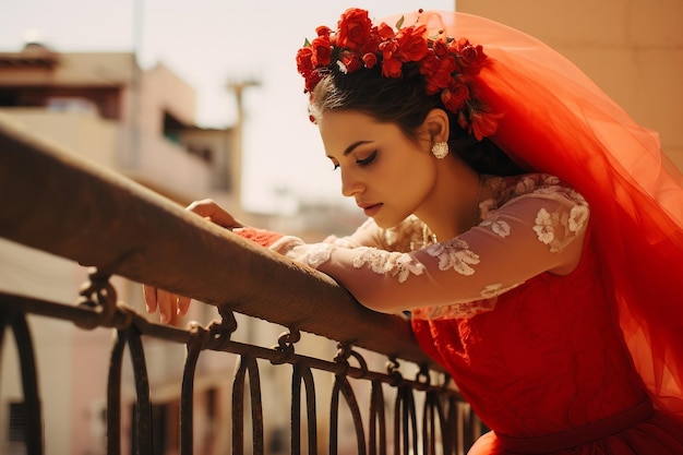 Photo captivating asian bride in a cherry red wedding dress