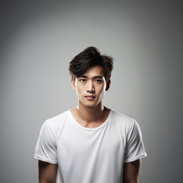 白い背景にスタイリッシュな茶色のヘアスタイルを披露する ⁇ 魅力的なアジア人男性モデルリアル写真