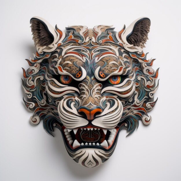 The Captivating Aura of Tiger Khon Mask Journey into Ancient Mystical Illusion on a White Backgroun