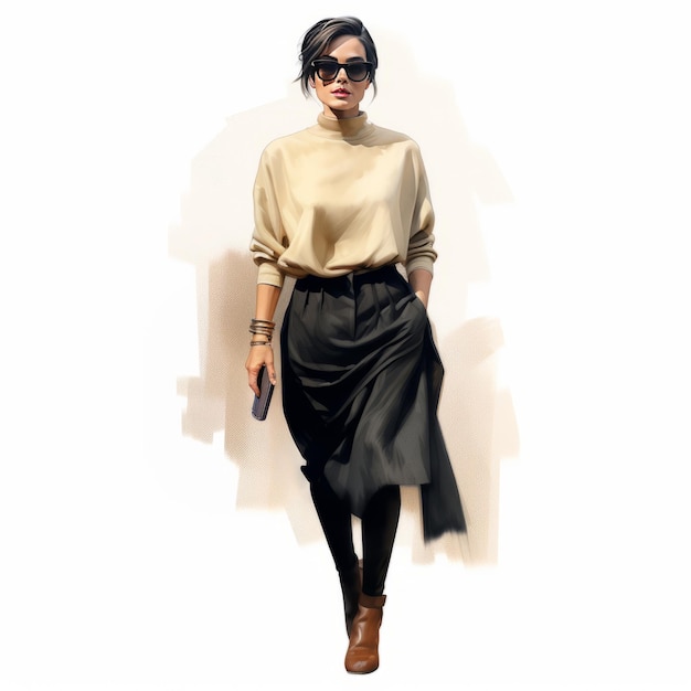 Captivating Autumn Fashion Crayon Art of a Stylish Woman in Beige and Black Attire Fully Featured