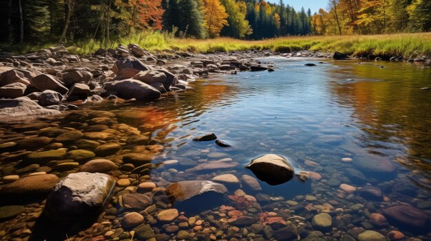 Captivating Autumn Landscape River Trees And Rocks In Environmental Awareness Style