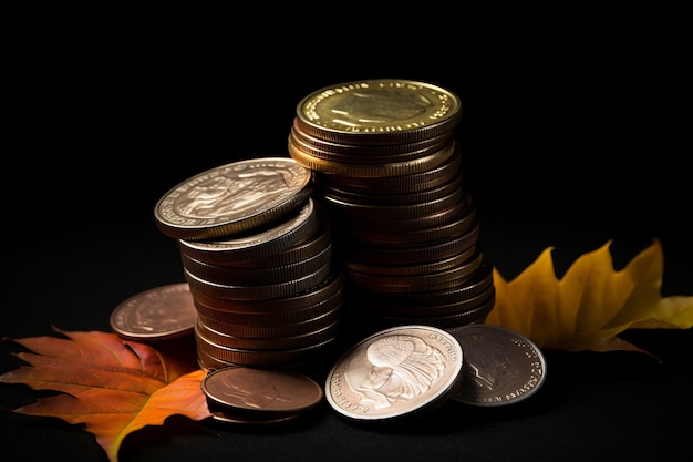 Captivating Autumn Leaf accents Indian Currency Coins on Black Background