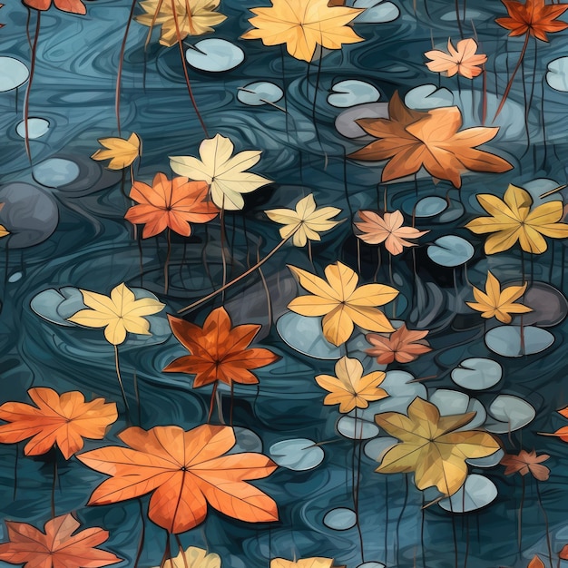 Captivating autumn leaves floating on a reflective pond