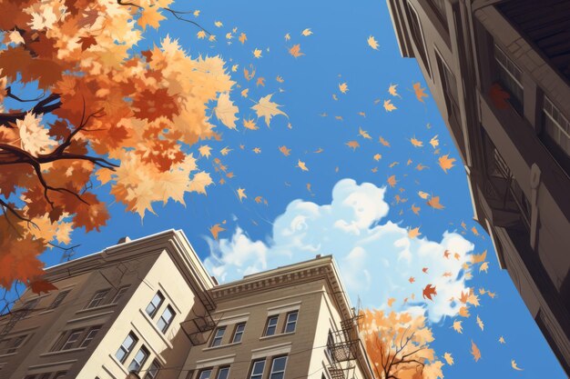 Photo a captivating autumn perspective tranquil leaves towering buildings and a brilliant blue sky