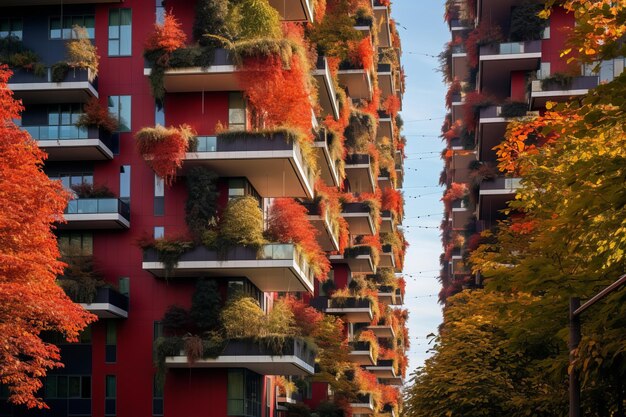 Captivating Autumn Scene Red Leaves Blanketing Milan's Porta Nuova in the Ecological Skyscraper Bo