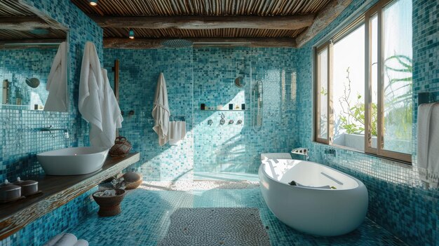 a captivating bathroom adorned with a luxurious tub and elegant sink