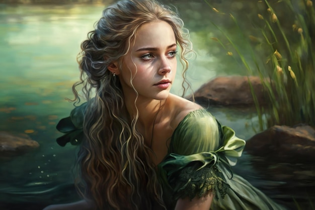 Captivating Beauty around water  Elegant Turkish Girl with Green Eyes in a Green Dress  AI Generated