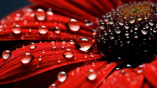 매혹적인 아름다움 물방울로 반짝이는 붉은 꽃 클로즈업 GenerativeAI