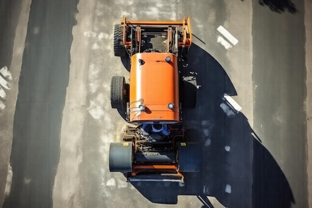 Captivating Bird'sEye View of an Orange Vibratory Asphalt Roller Compactor Perfecting Fresh Pavemen